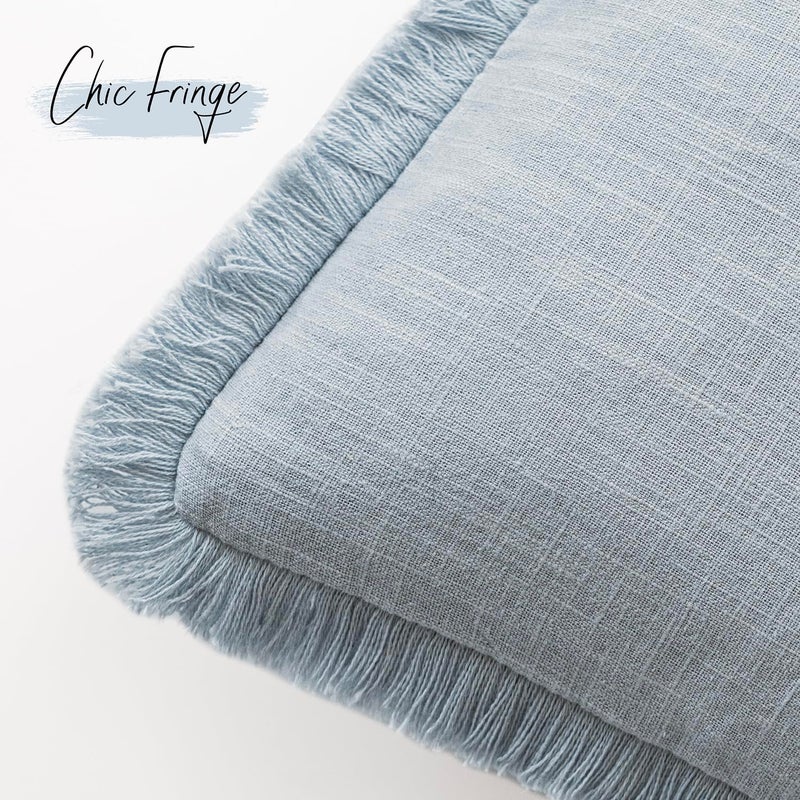 Foindtower Set of 2 Decorative Linen Fringe Throw Pillow Covers Boho Farmhouse Cushion Cover with Tassels Soft Accent Pillowcase for Couch Chair Sofa Bed Living Room Home Decor,22Ã—22 Inch,Sky Blue - Image 3