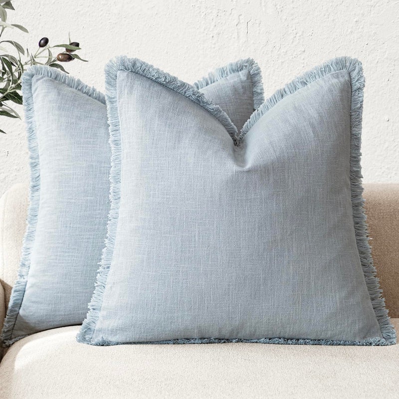 Foindtower Set of 2 Decorative Linen Fringe Throw Pillow Covers Boho Farmhouse Cushion Cover with Tassels Soft Accent Pillowcase for Couch Chair Sofa Bed Living Room Home Decor,22Ã—22 Inch,Sky Blue - Image 1