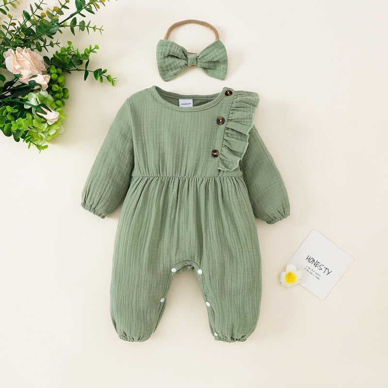 Twosya Newborn Baby Girls Smocked Romper Preemie Long Sleeve Going Home Outfit with Bow Headband - Image 2