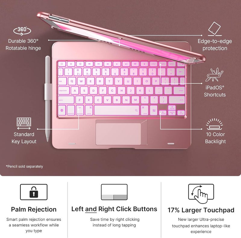 Typecase Touch Keyboard Case for iPad 9th/8th/7th Gen - 360° Rotatable with Trackpad, 11-Color Backlight, Pencil Holder, Rose Gold - Image 3