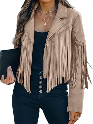 Bibowa Faux Leather Jackets For Women Trendy Cowgirl Outfits Fall Western Fringe Cropped Jacket 2026 Tassel Motorcycle Crop Coats Winter Apricot S - Image 1
