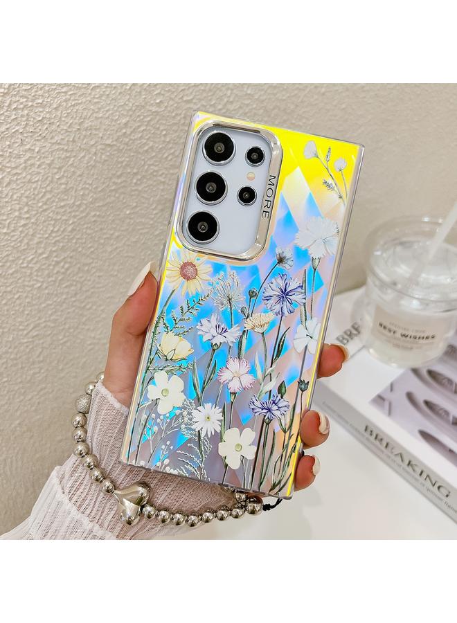 اس-توب جراب لهاتف Samsung Galaxy S23 Ultra 5G، جراب هاتف مطلي بالكهرباء ومزين بزهرة ليزر مع حزام معصم - Image 1