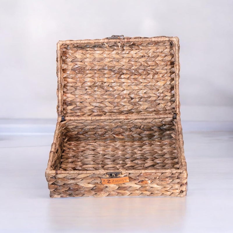 Zapiq Zapiq Handwoven Wicker Basket with Lid Hyacinth Trunk Basket Accessories Home Office Item Organizer Storage Basket with Lid EcoFriendly 254D x 165W x 102H in CM - Image 3