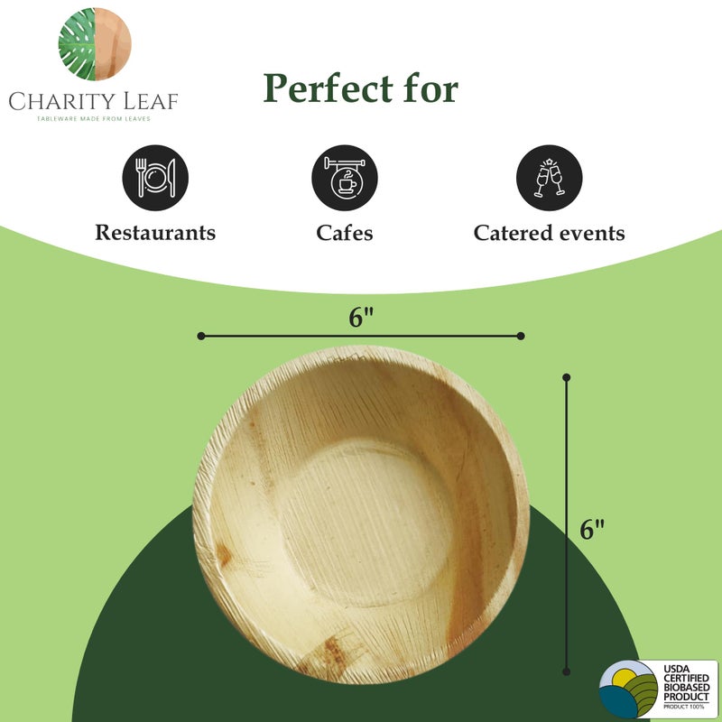 Charity Leaf Disposable Palm Leaf 6"" Round Bowl (50 pcs) Dipping Bowls | Bamboo Like| All Natural and Biodegradable | Charcuterie Boards  BBQs  and Parties - Image 3