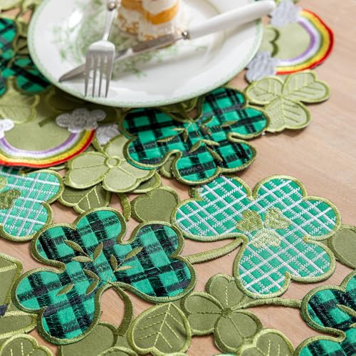 Joyfol Day St. Patrick’s Day Table Runner, Embroidered Irish Clover Rainbow Table Runners, Spring Green Shamrock Leprechaun Hats Dresser Scarf for Tabletop Decoration (14 ×33 inch) - Image 4