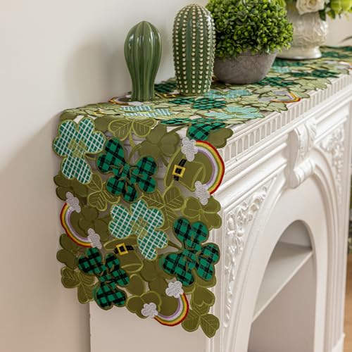 Joyfol Day St. Patrick’s Day Table Runner, Embroidered Irish Clover Rainbow Table Runners, Spring Green Shamrock Leprechaun Hats Dresser Scarf for Tabletop Decoration (14 ×33 inch) - Image 3