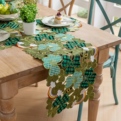 Joyfol Day St. Patrick’s Day Table Runner, Embroidered Irish Clover Rainbow Table Runners, Spring Green Shamrock Leprechaun Hats Dresser Scarf for Tabletop Decoration (14 ×33 inch) - Image 1
