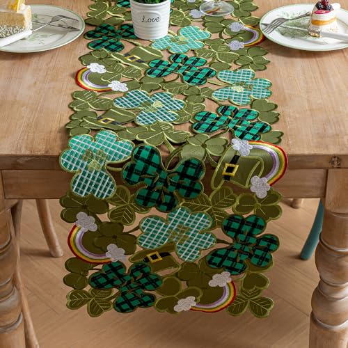 Joyfol Day St. Patrick’s Day Table Runner, Embroidered Irish Clover Rainbow Table Runners, Spring Green Shamrock Leprechaun Hats Dresser Scarf for Tabletop Decoration (14 ×33 inch) - Image 2
