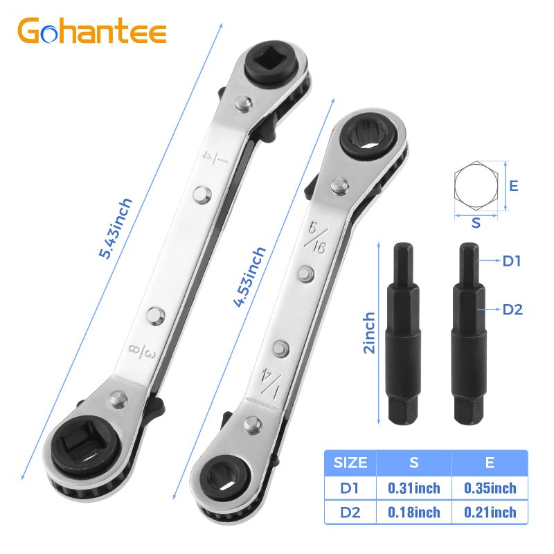gohantee Hvac Service Wrench Tools Air Conditioner Valve Ratchet Wrench 3/16â€ to 3/8â€ 5/16'' x 1/4'' with 2 Hexagon Bit Adapter Kit for Air Refrigeration Tools and Equipment Repair Tools Clearance - Image 4