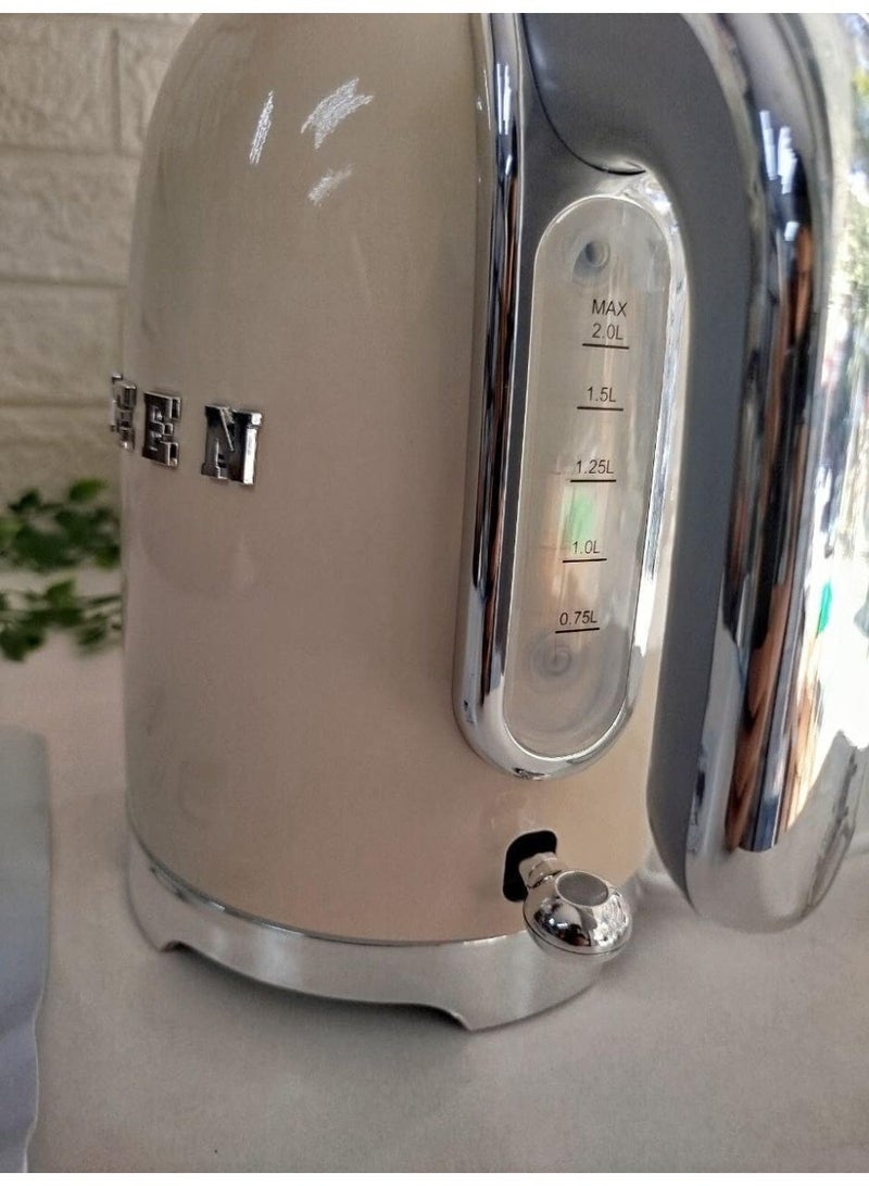 Uakeen Style Kettle, 2 L Capacity With Water Level Indicator, 360 Swivel Base, Anti-Slip Feet, Soft,2200w Opening Lid, Stainless Steel, Cream, - Image 2