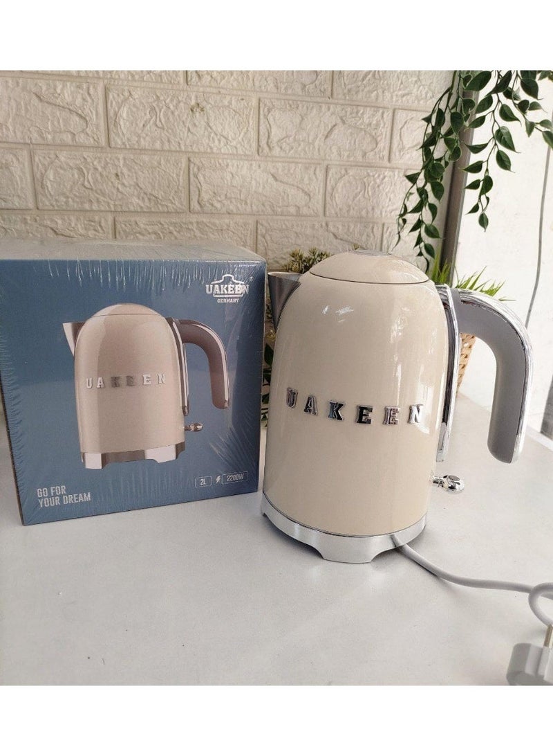 Uakeen Style Kettle, 2 L Capacity With Water Level Indicator, 360 Swivel Base, Anti-Slip Feet, Soft,2200w Opening Lid, Stainless Steel, Cream, - Image 1