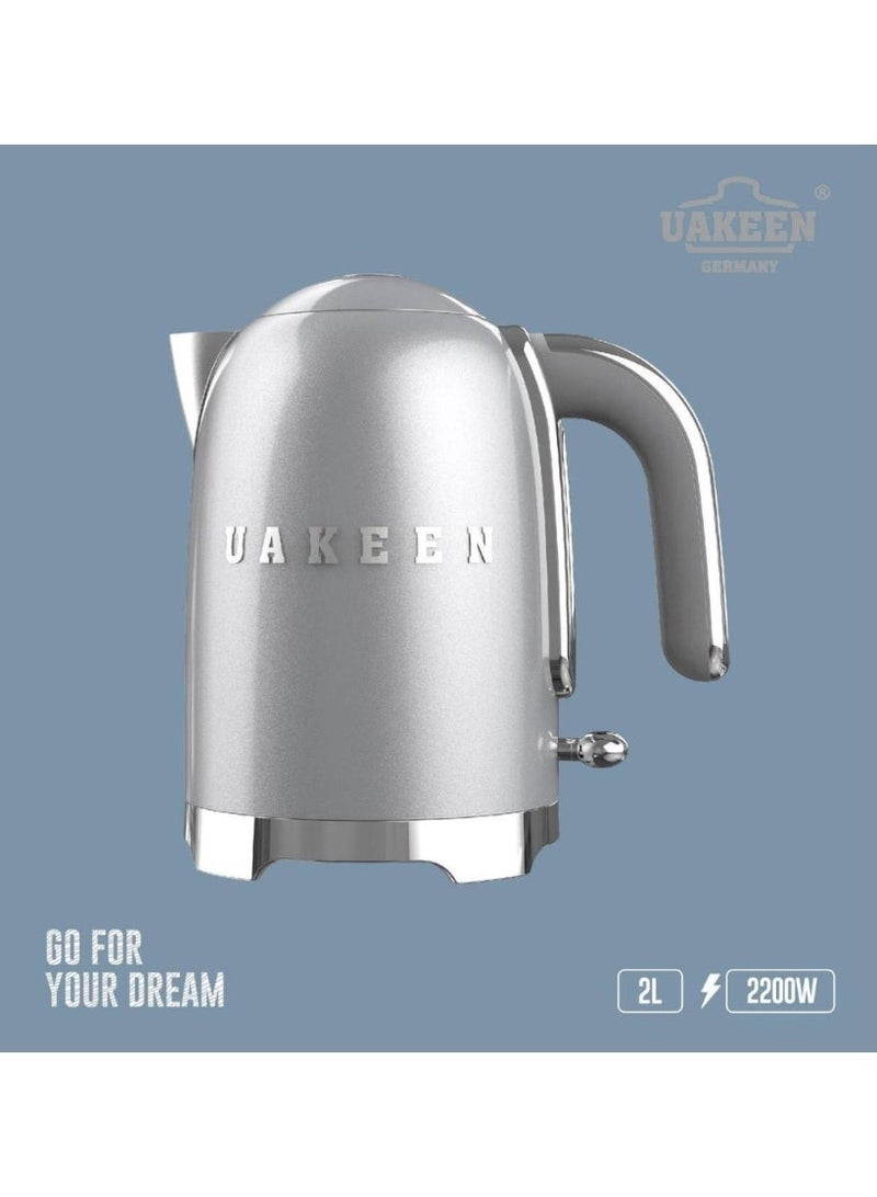 Uakeen Style Kettle, 2 L Capacity With Water Level Indicator, 360 Swivel Base, Anti-Slip Feet, Soft,2200w Opening Lid, Stainless Steel, silver, - Image 1