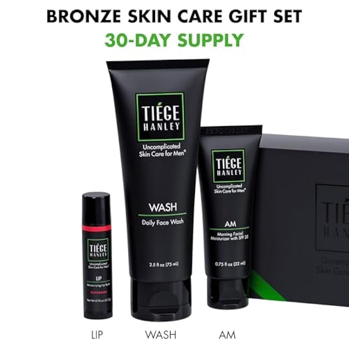 Tiege Hanley Skin Care Gift Box for Men, Bronze Gifting Skincare Set With Daily Face Wash, AM Moisturizer With SPF 20 Sunscreen, Hydrating Lip Balm, & Body Bar Soap, Men’s Skin Care, 4 Piece Set - Image 2