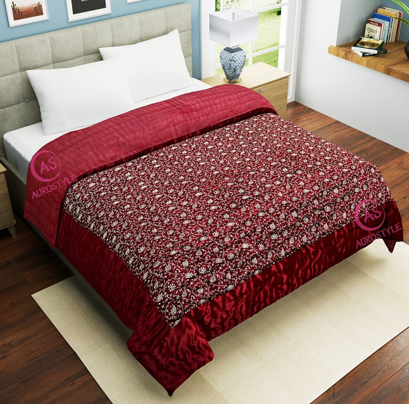 WORLDNEX Cotton Filled Light Weight Silk Jaipuri AC Quilt/Razai Over All Over Printed with Gold Print Jaipuri Quilts/Razai (85x55 Inch, Maroon Jaal Print, Single Bed) - Image 2