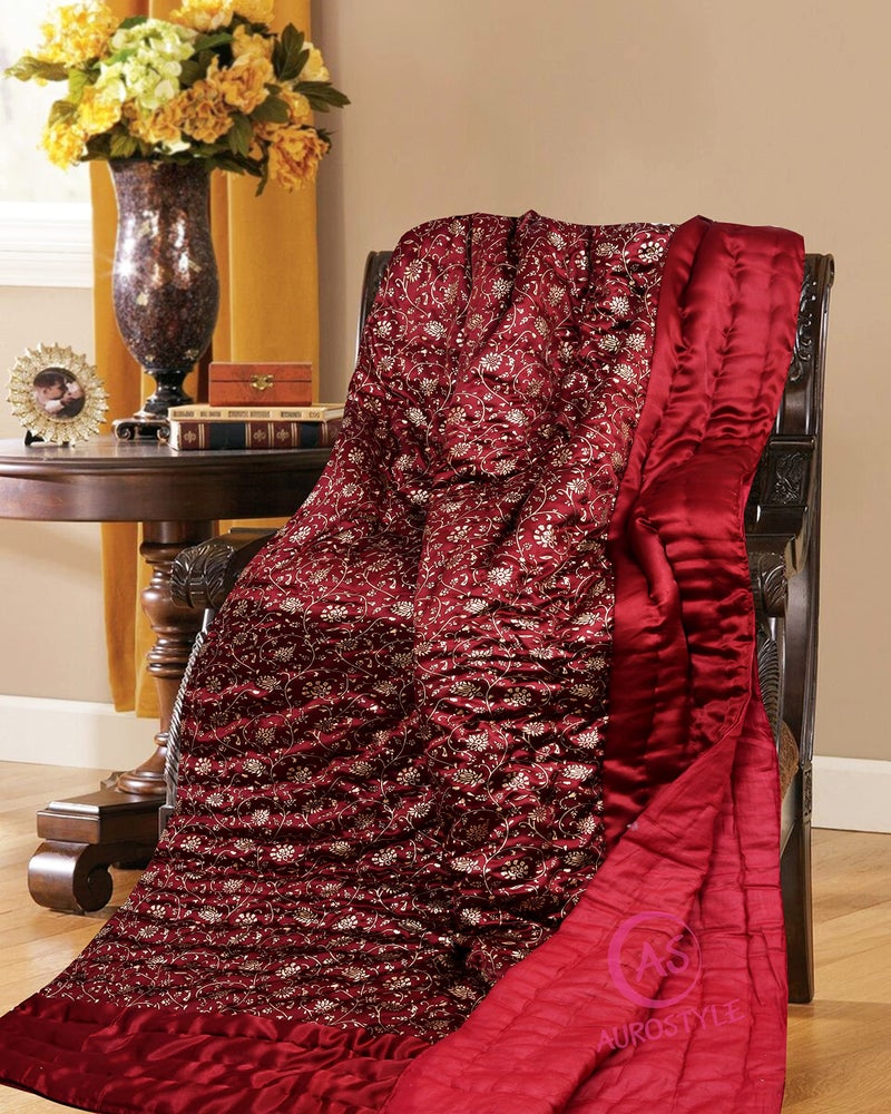 WORLDNEX Cotton Filled Light Weight Silk Jaipuri AC Quilt/Razai Over All Over Printed with Gold Print Jaipuri Quilts/Razai (85x55 Inch, Maroon Jaal Print, Single Bed) - Image 4