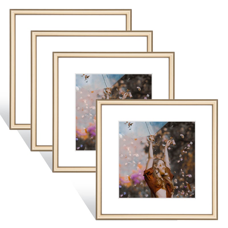 Fkvat Fkvat 4x4 Picture Frame Set of 4 Brass Matte Thin Metal Square Frame for Tabletop and Wall Mounting Aluminum Floating Photo Frame Bulk Collage Fit 3x3 with Mat or 4 x 4 without Mat 4 Pack 