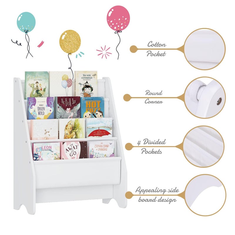 UTEX Kids Bookshelf Storage, Book Shelf for Kids Rooms, 4 Tier Sling Bookshelf for Kids, Toddler, Magazine Book Rack, Children Book Organizer, White - Image 4