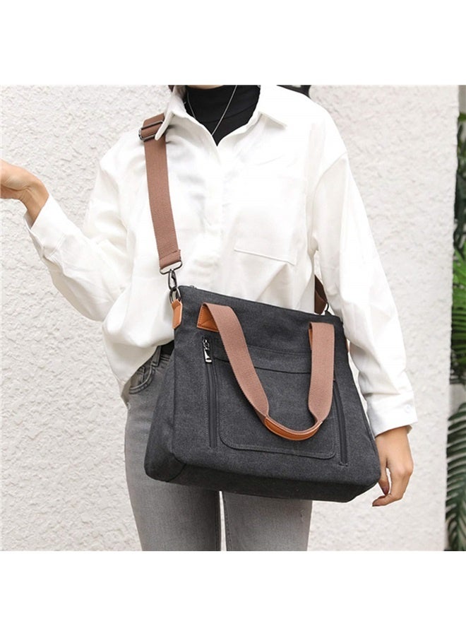 Women's Canvas Tote Bag Work Shoulder Crossbody Bags Vintage Multi-pocket Handbags-black  - Image 4
