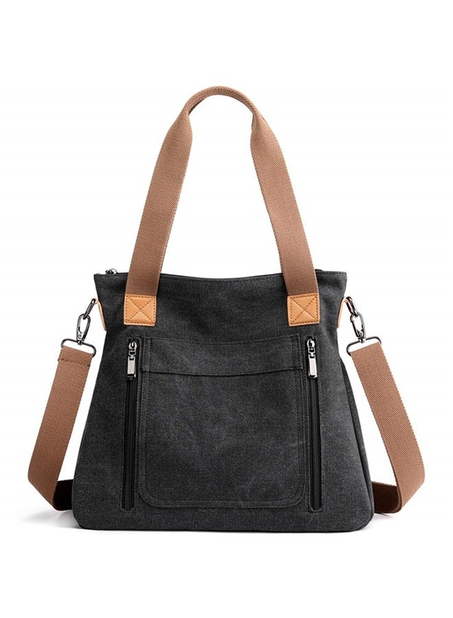 Women's Canvas Tote Bag Work Shoulder Crossbody Bags Vintage Multi-pocket Handbags-black  - Image 1