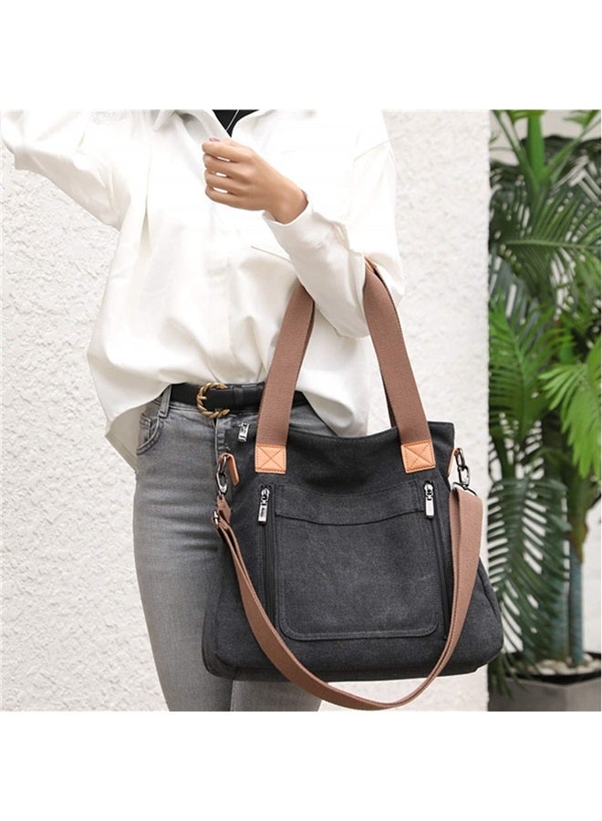 Women's Canvas Tote Bag Work Shoulder Crossbody Bags Vintage Multi-pocket Handbags-black  - Image 2