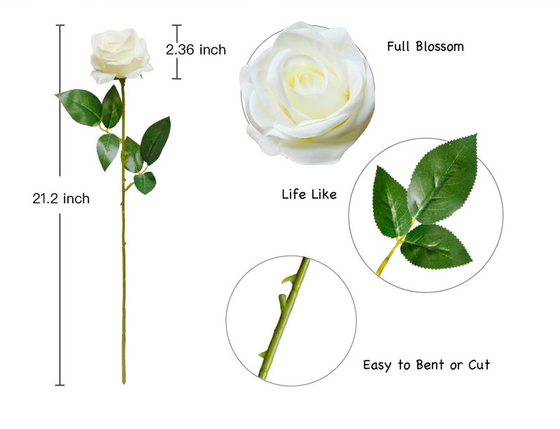 DuHouse 10pcs Fake Roses Artificial Silk Flowers Faux Rose Flower Long Stems Bouquet for Arrangement Wedding Centerpiece Party Home Kitchen Decor(Ivory-White Long Stem) - Image 2