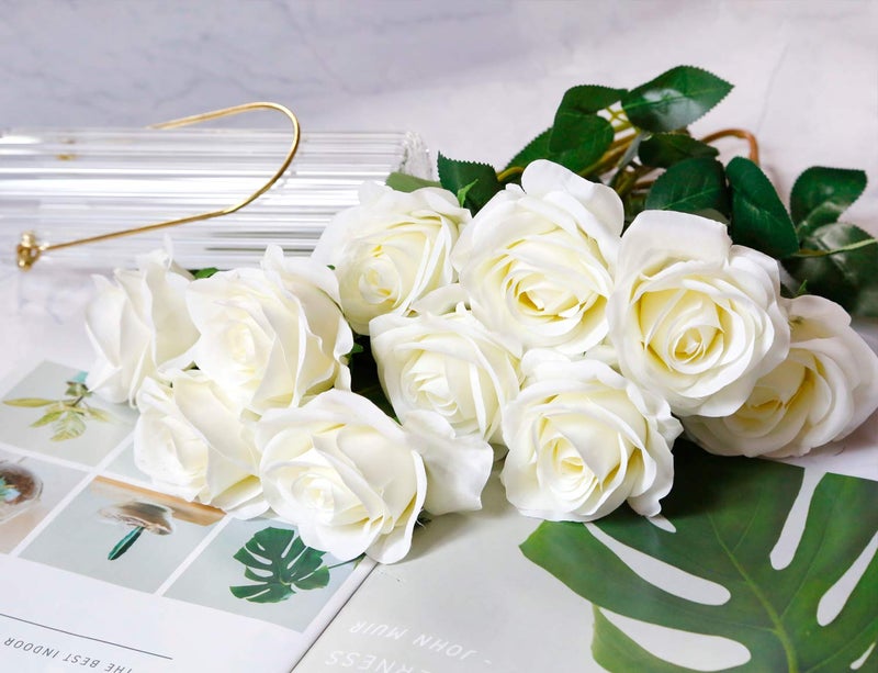 DuHouse 10pcs Fake Roses Artificial Silk Flowers Faux Rose Flower Long Stems Bouquet for Arrangement Wedding Centerpiece Party Home Kitchen Decor(Ivory-White Long Stem) - Image 3