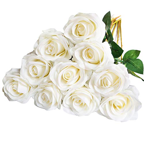 DuHouse 10pcs Fake Roses Artificial Silk Flowers Faux Rose Flower Long Stems Bouquet for Arrangement Wedding Centerpiece Party Home Kitchen Decor(Ivory-White Long Stem) - Image 1