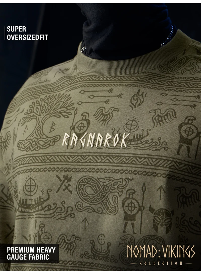 The Souled Store The Souled Store Men Vikings Ragnar√∂k Graphic Printed Olive Super Oversized T-Shirts