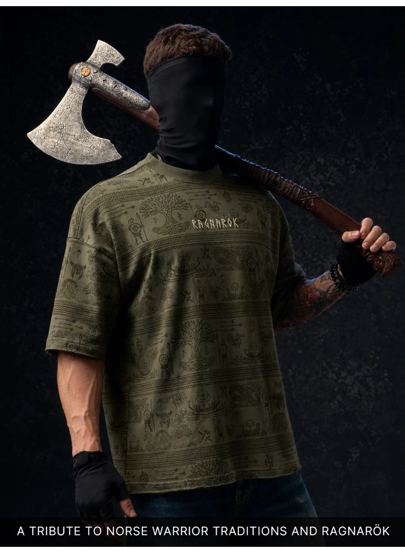 The Souled Store The Souled Store Men Vikings Ragnar√∂k Graphic Printed Olive Super Oversized T-Shirts