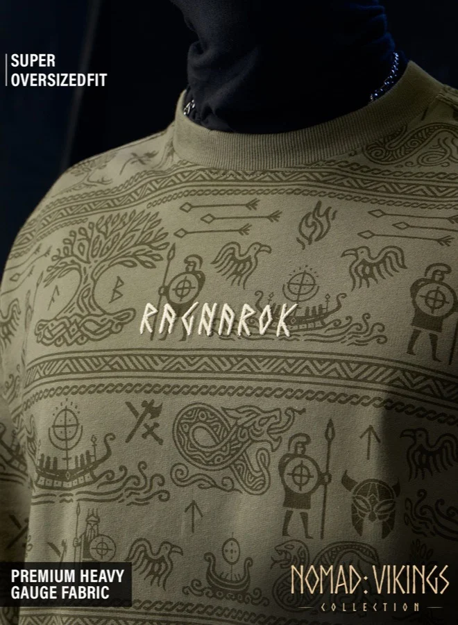 The Souled Store The Souled Store Men Vikings Ragnar Graphic Printed Olive Super Oversized T-Shirts