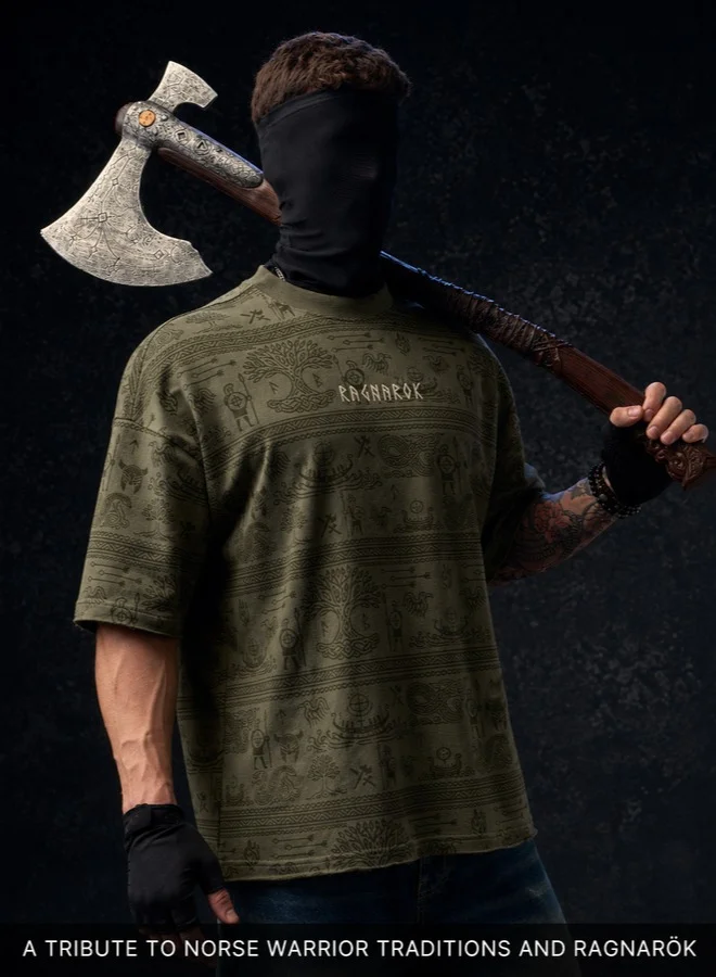 The Souled Store The Souled Store Men Vikings Ragnar Graphic Printed Olive Super Oversized T-Shirts