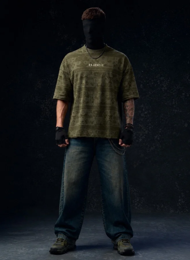 The Souled Store Olive The Souled Store Men Vikings Ragnar Graphic Printed Olive Super Oversized T-Shirts for Men | Best Price UAE