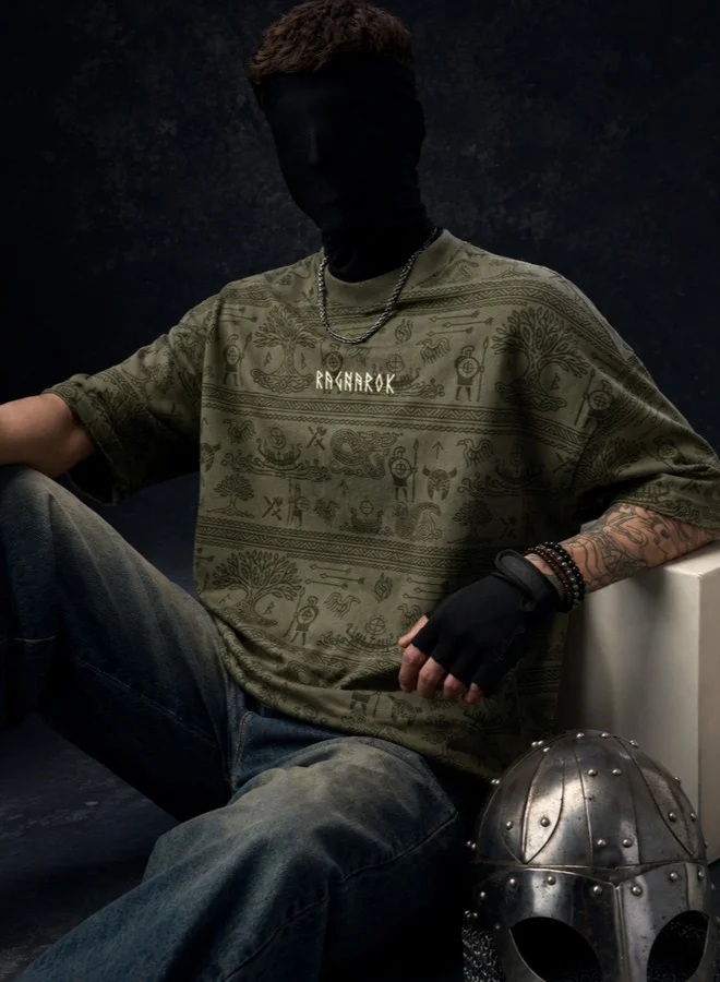 The Souled Store Olive The Souled Store Men Vikings Ragnar Graphic Printed Olive Super Oversized T-Shirts for Men | Best Price UAE