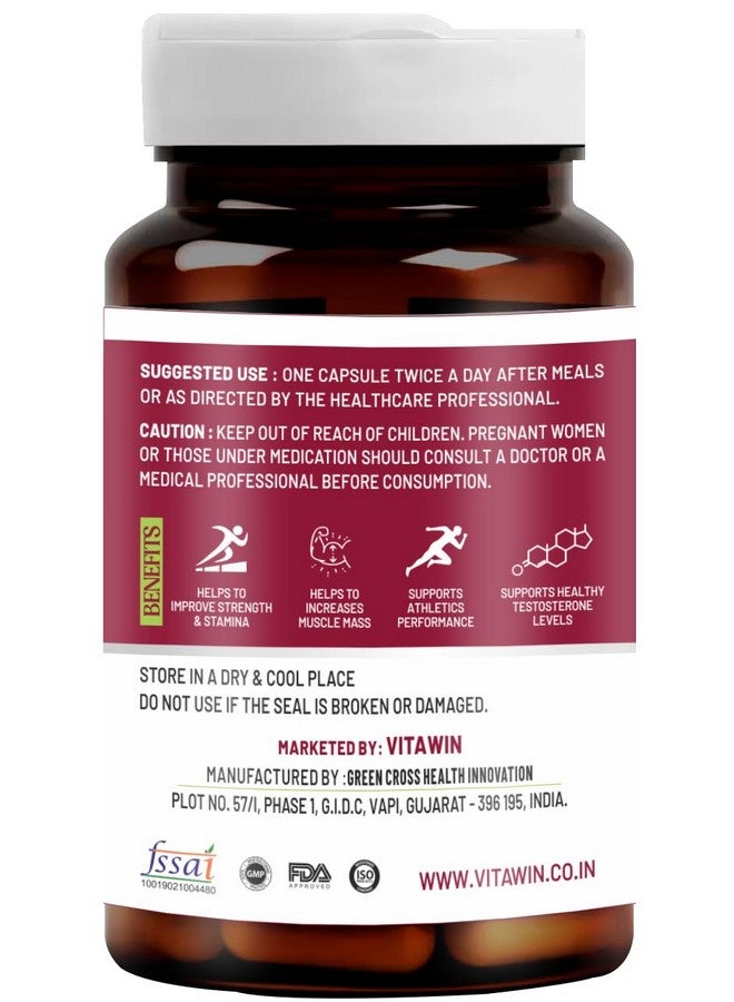 VitaWin Testostrone Booster For Strength, Energy & Stamina, Natural Herbal, 500 mg, Veg - 60 Capsules, Nutrition Supplement - Image 2