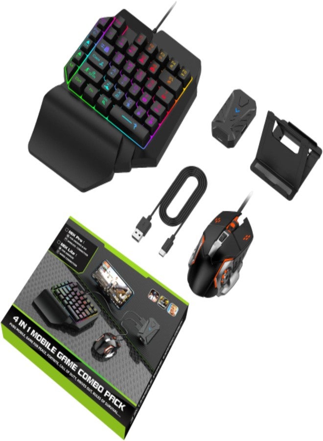 Bewinner Half Hand Gaming Keyboard and Mouse Combo, 4 in 1 Mobile Game Combo Pack, Mobile Gamepad Controller, One Handed Gaming Keyboard, Mouse Converter, Adjustable Phone Stand - Image 1