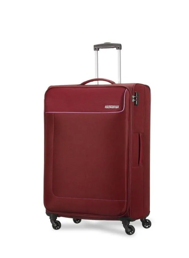 AMERICAN TOURISTER Jamaica Suitcase, Check-In Size 69 cm / 25 inch, 4 Spinner Wheels, Soft Top, 100% Polyester, Maroon|TSA Combination Lock|Expandable|Front Pocket Storage Compartment|Corner Guard|Retractable Aluminum Handle - 3 Years International Warranty - Image 1