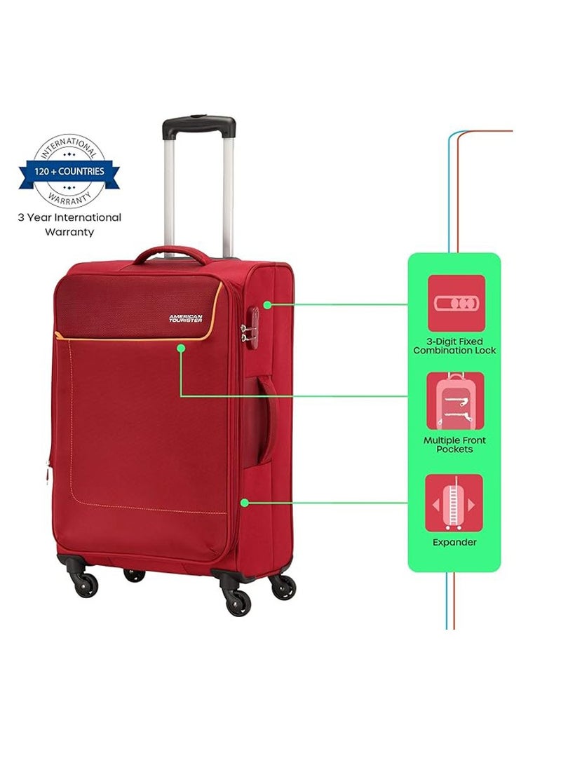 AMERICAN TOURISTER Jamaica Suitcase, Check-In Size 69 cm / 25 inch, 4 Spinner Wheels, Soft Top, 100% Polyester, Maroon|TSA Combination Lock|Expandable|Front Pocket Storage Compartment|Corner Guard|Retractable Aluminum Handle - 3 Years International Warranty - Image 3