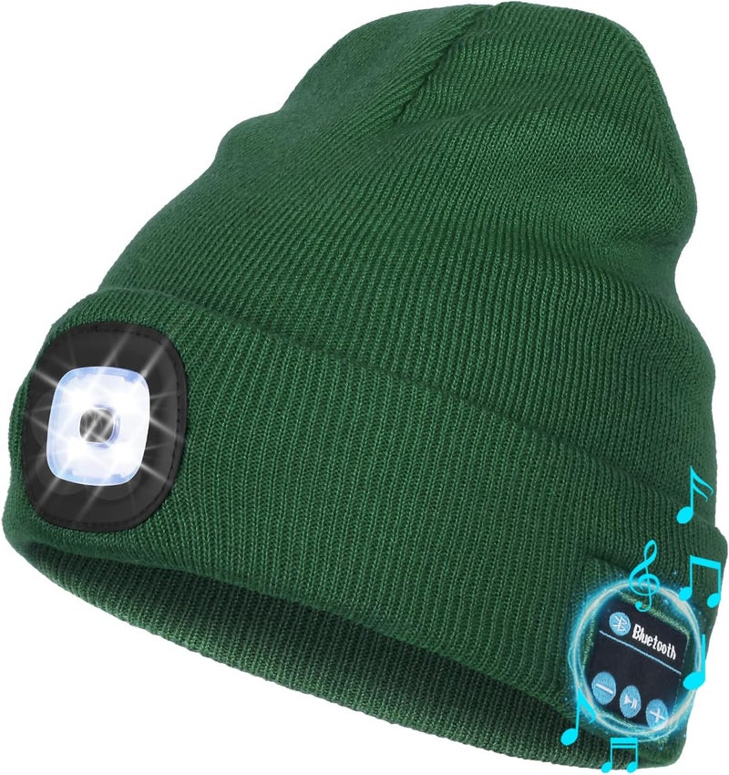 Wmcaps Bluetooth Beanie with a Light, Unisex USB Rechargeable 4 LED Fashlight Hat with Cordless Headphones, Unique Christmas Birthday Gifts for Men Him Husband Teen Dark Green - Image 1