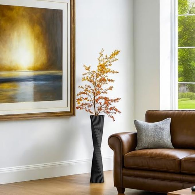 icoloursky 23.6" (60cm) Tall Black Floor Vase for Pampas Grass, Floor Vases for Modern Geometry Decor Minimalist Skinny Unique Shape Flower Vase for Farmhouse Entryway, Fireplace,Shelf - Image 3