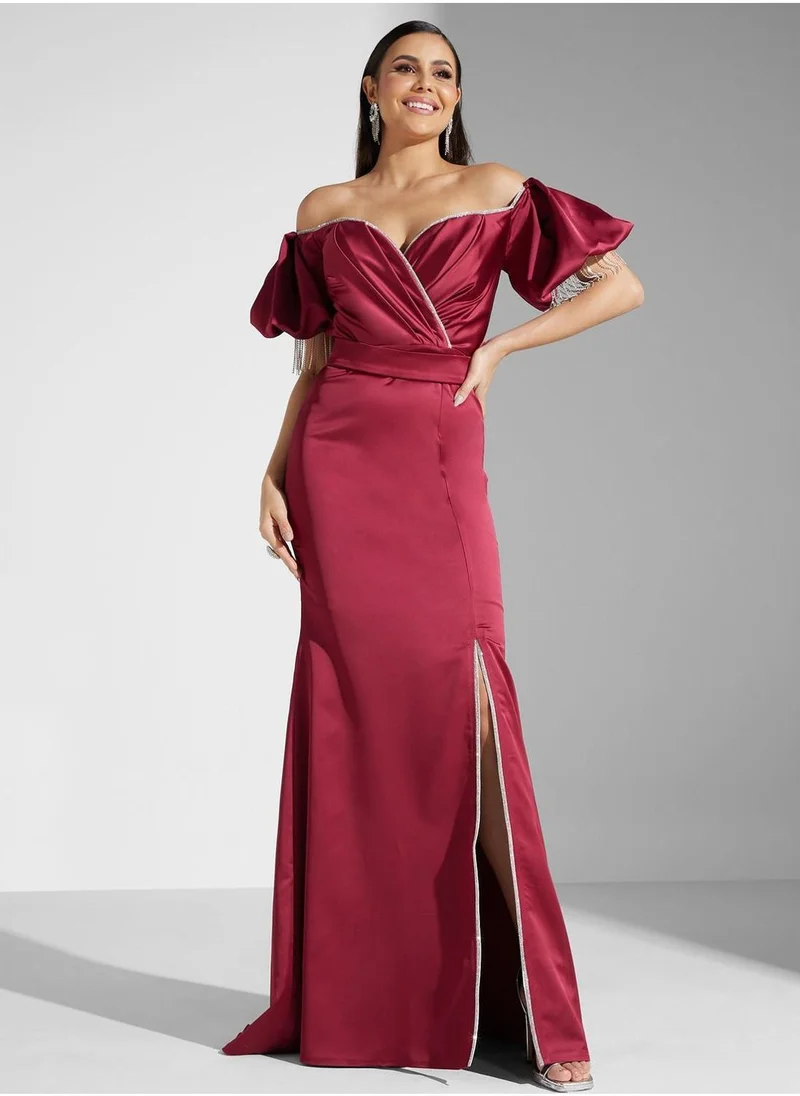 اكاديا فاشن Bardot Surplice Neck Front Slit Dress