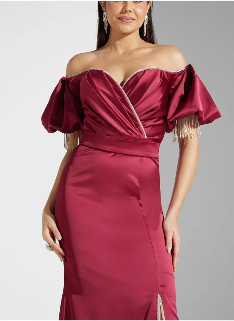 اكاديا فاشن Bardot Surplice Neck Front Slit Dress