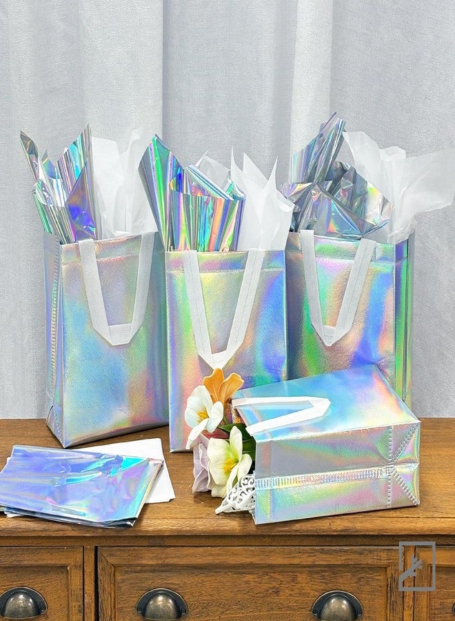 ZIFTY 32PCS Goodie Gift Bags with Handles, Reusable Non-woven Holographic Iridescent Gift Bags Bulk with Tissue Papers for Birthday, Wedding, Easter, Christmas, Holiday Party Favors 8W x 4L x 10H - Image 4