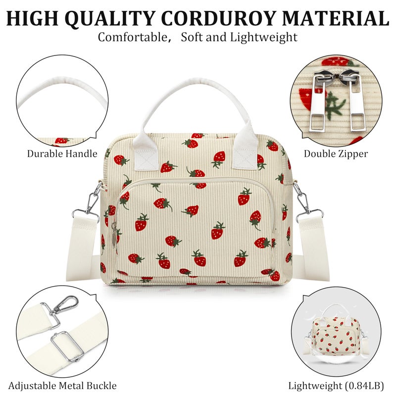 TESAFNG Lunch Box for Women Insulated Lunch Bag Cute Corduroy Lunch Tote Bags Lightweight Reusable Leakproof Cooler Bag with Adjustable Shoulder Strap for Work Office Travel Picnic (Strawberry) - Image 5