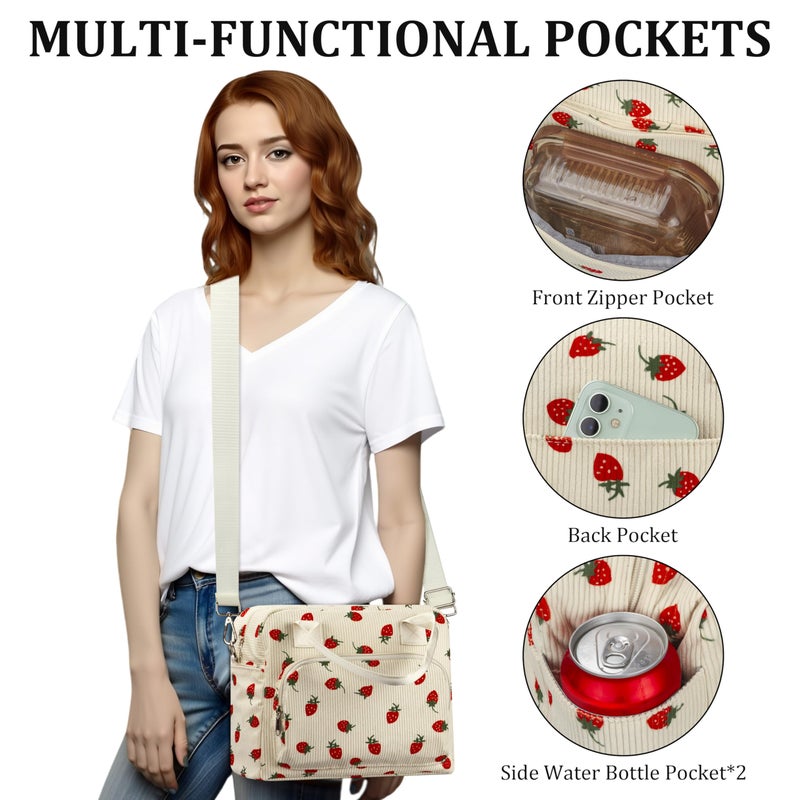 TESAFNG Lunch Box for Women Insulated Lunch Bag Cute Corduroy Lunch Tote Bags Lightweight Reusable Leakproof Cooler Bag with Adjustable Shoulder Strap for Work Office Travel Picnic (Strawberry) - Image 4