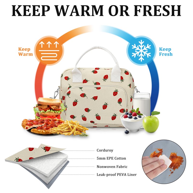 TESAFNG Lunch Box for Women Insulated Lunch Bag Cute Corduroy Lunch Tote Bags Lightweight Reusable Leakproof Cooler Bag with Adjustable Shoulder Strap for Work Office Travel Picnic (Strawberry) - Image 3