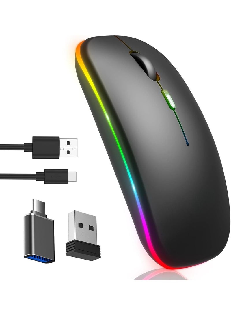 Portable Dual Mode Rechargeable Wireless Bluetooth Mouse with LED Light Silent Click (Bluetooth 5.2 & USB Receiver), for Laptop/Desktop/Tablet with OTG to Type-C Adapter - Image 1