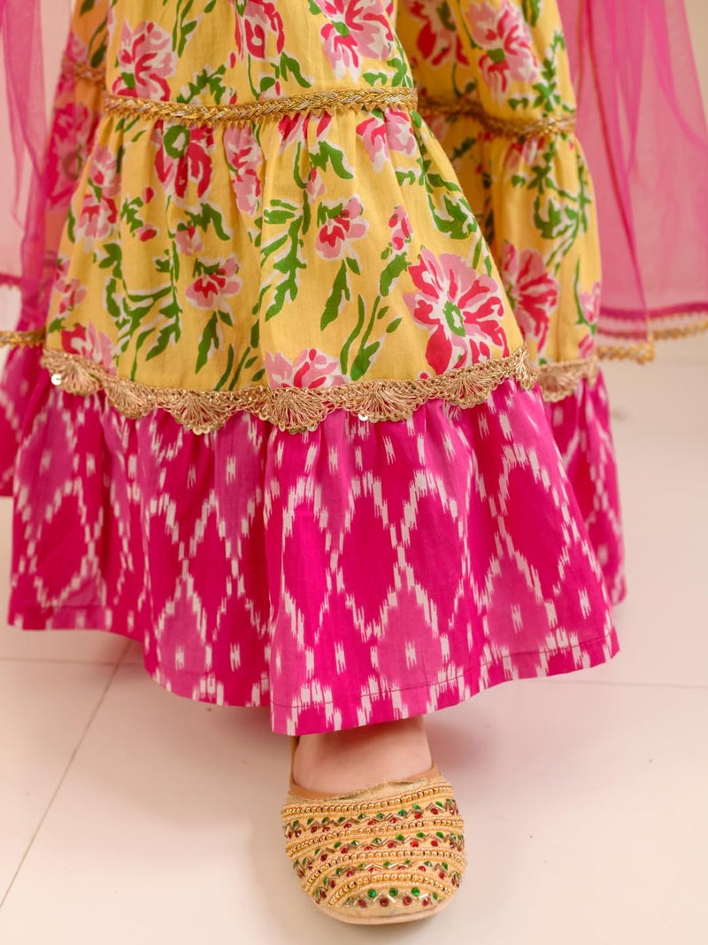 Pspeaches Girls Cotton Sleeveless Round Neck Floral Print Kurta And Sharara With Dupatta 3 Piece Set|Ethnic Wear For Kids Girls|Traditional & Festive Outfit 10-12 Year Yellow & Pink - Image 3