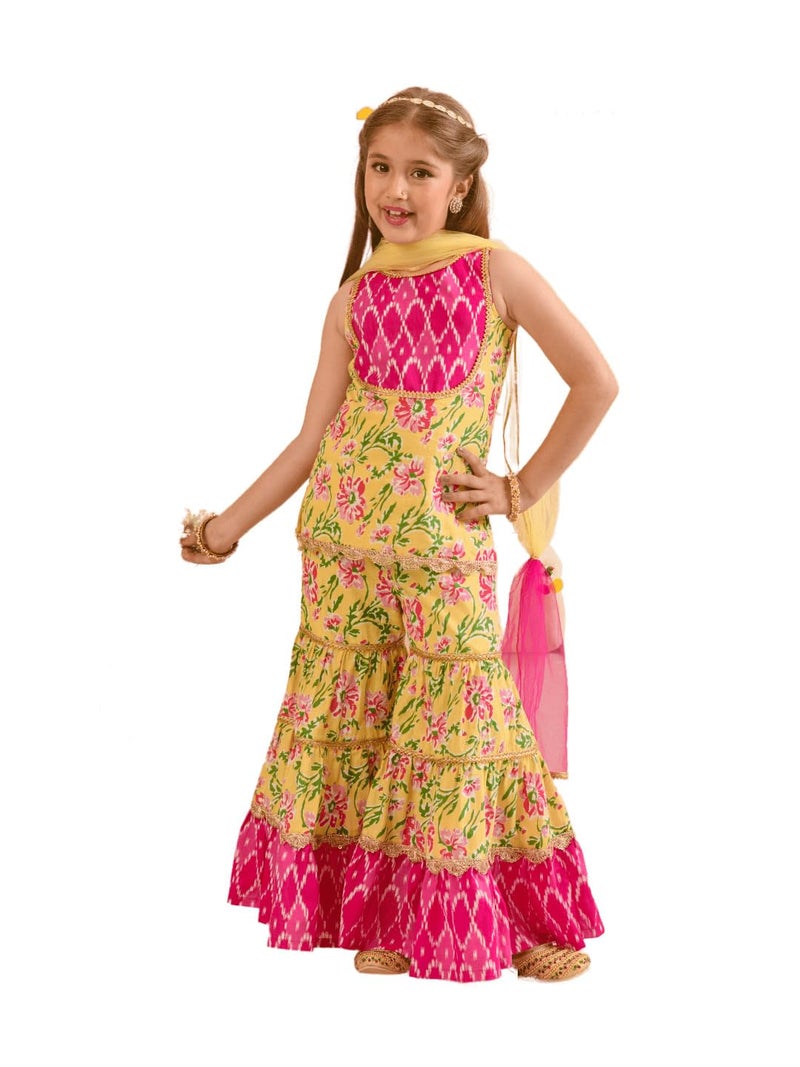 Pspeaches Girls Cotton Sleeveless Round Neck Floral Print Kurta And Sharara With Dupatta 3 Piece Set|Ethnic Wear For Kids Girls|Traditional & Festive Outfit 10-12 Year Yellow & Pink - Image 1