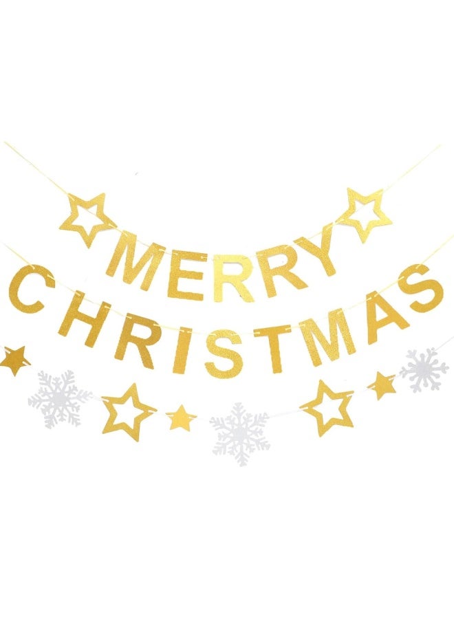 ذا بارتي بوبير مجموعة لافتة عيد ميلاد سعيد ذهبية مع إكليل نجمة - ديكورات لامعة معلقة للعطلات للمنزل والحفلات والمدفأة والجدار وشجرة عيد الميلاد - Image 1