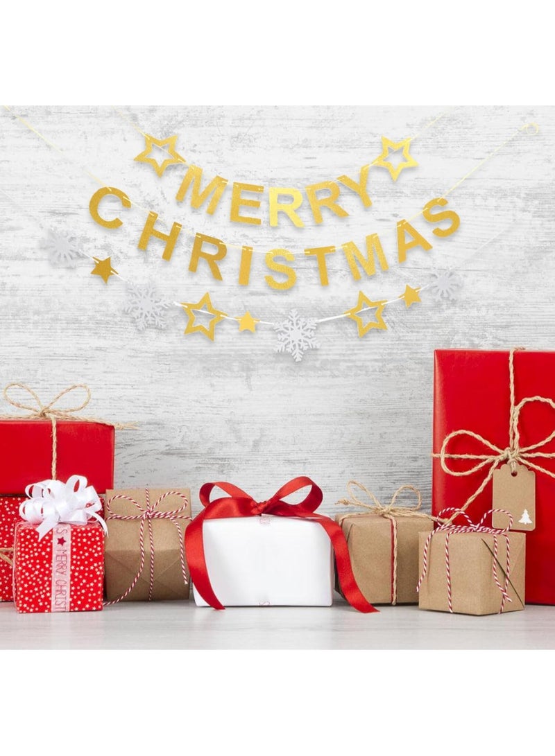 ذا بارتي بوبير مجموعة لافتة عيد ميلاد سعيد ذهبية مع إكليل نجمة - ديكورات لامعة معلقة للعطلات للمنزل والحفلات والمدفأة والجدار وشجرة عيد الميلاد - Image 2